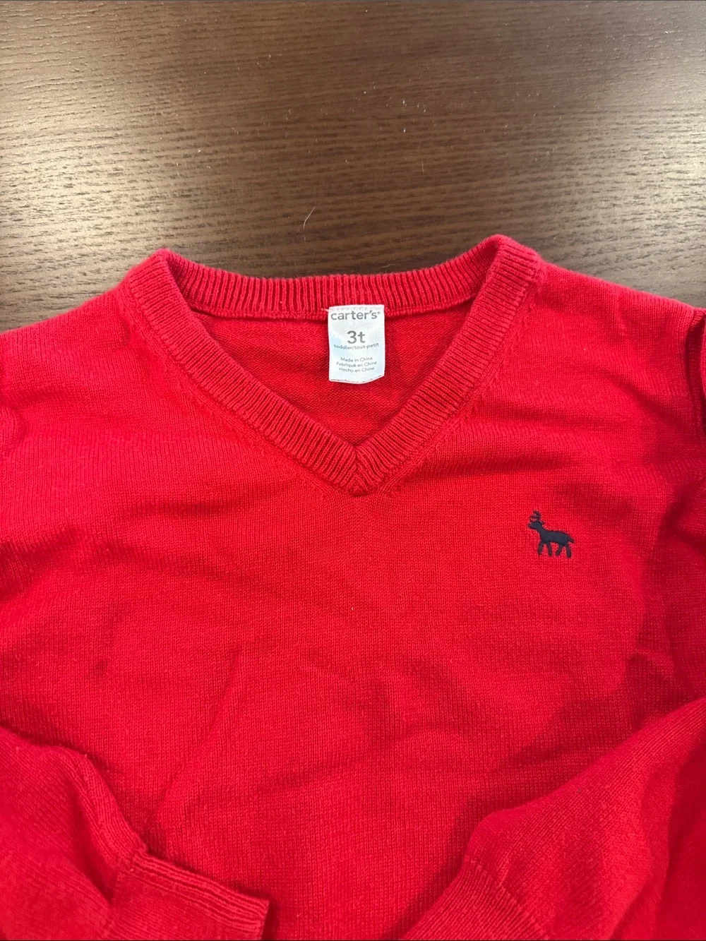 Carter's Bright Red V-Neck Sweater with Navy Embroidered Deer